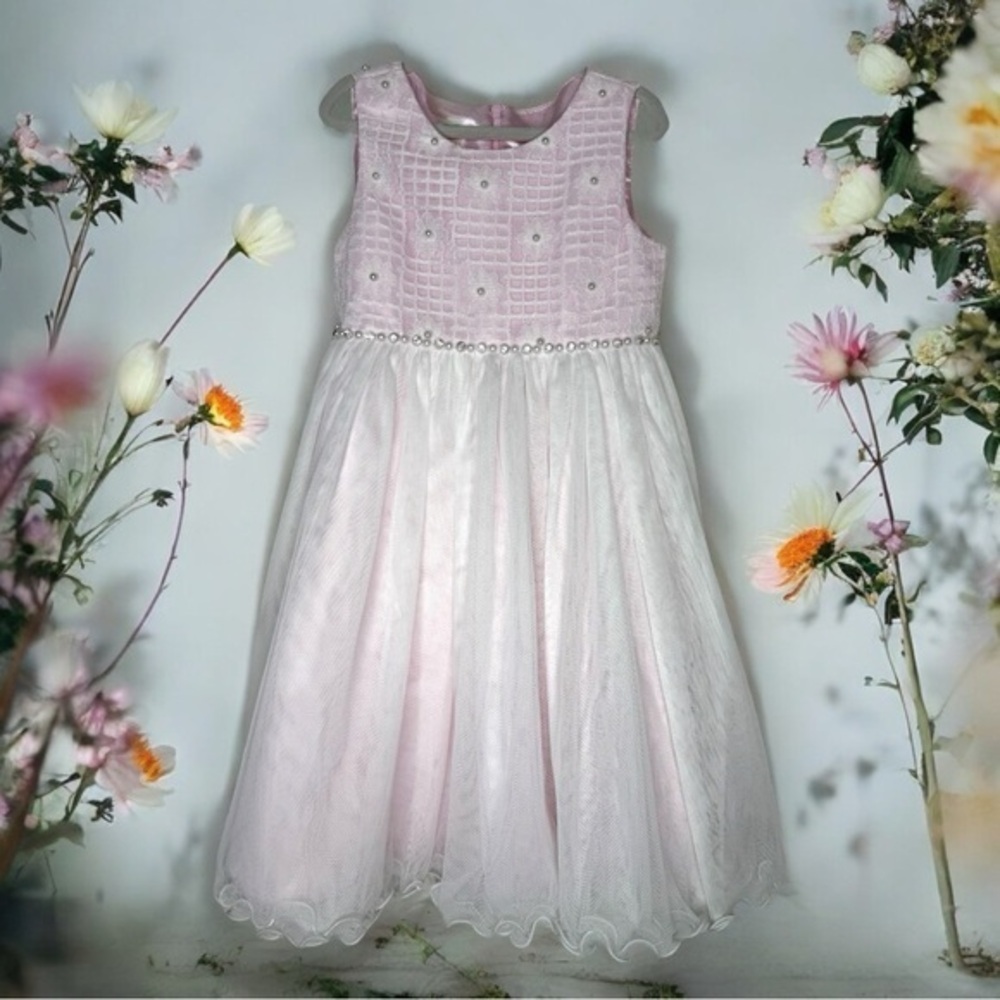 American Princess Pink and White Sleeveless Tulle Studded Pearl Flower Dress